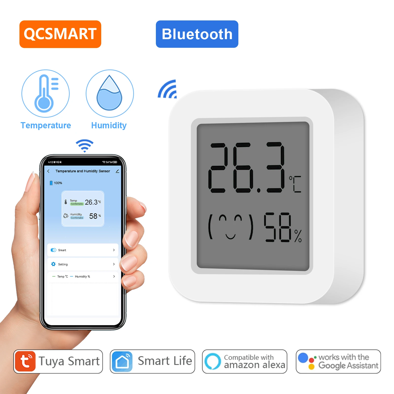 QCSMART-Sensor de temperatura y humedad con Bluetooth, pantalla Digital LCD, interruptor de Control de escena, termómetros, higrómetros, Tuya Smart