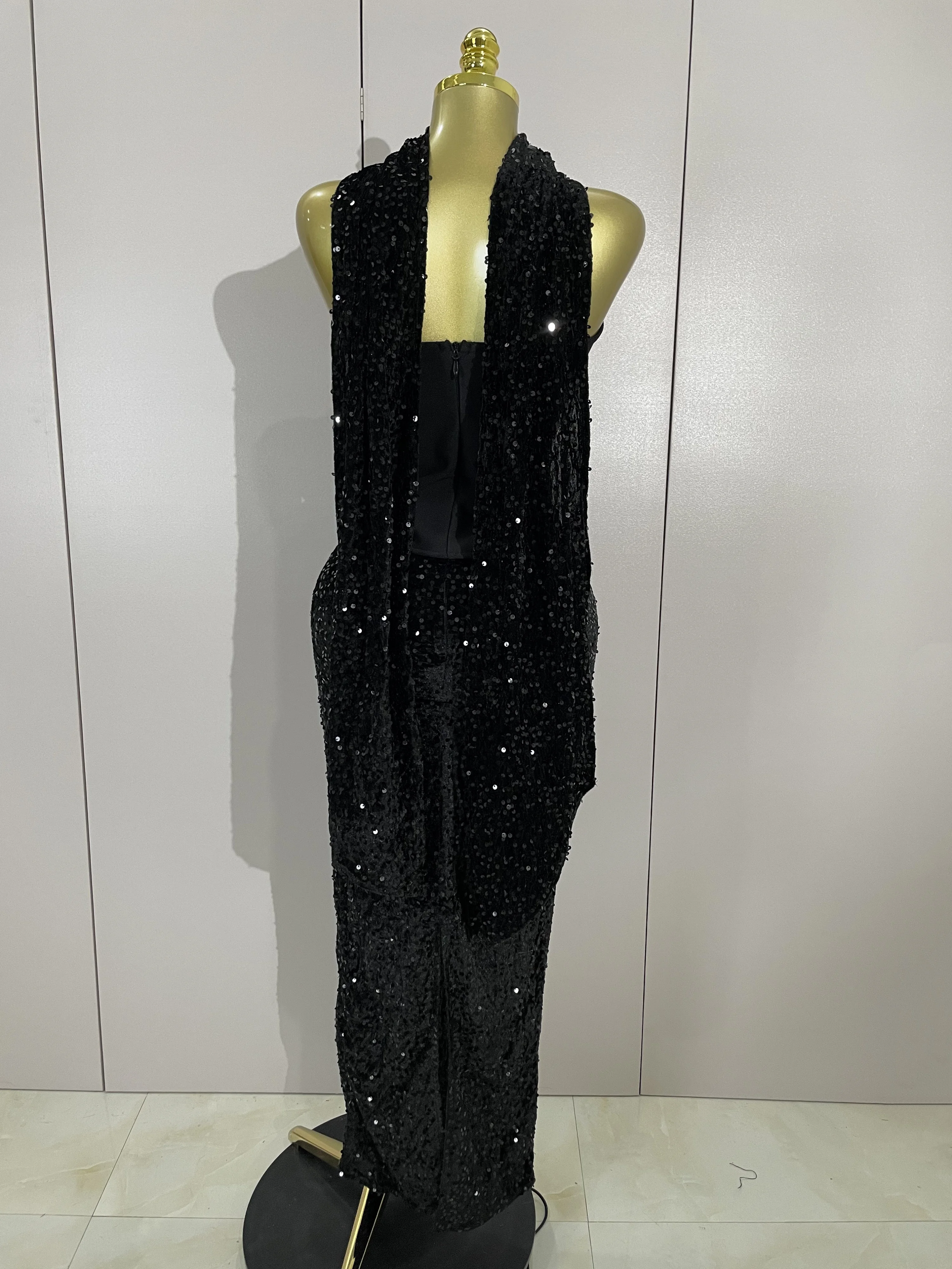 Błyszczący Cekinowy Seksowny Bez Ramiączek Czarny Maxi Długi Bandage Trzyczęściowy Zestaw 2025 Kobiety Eleganckie Wieczorowe Klubowe Imprezowe Urodzinowe Suknie Balowe