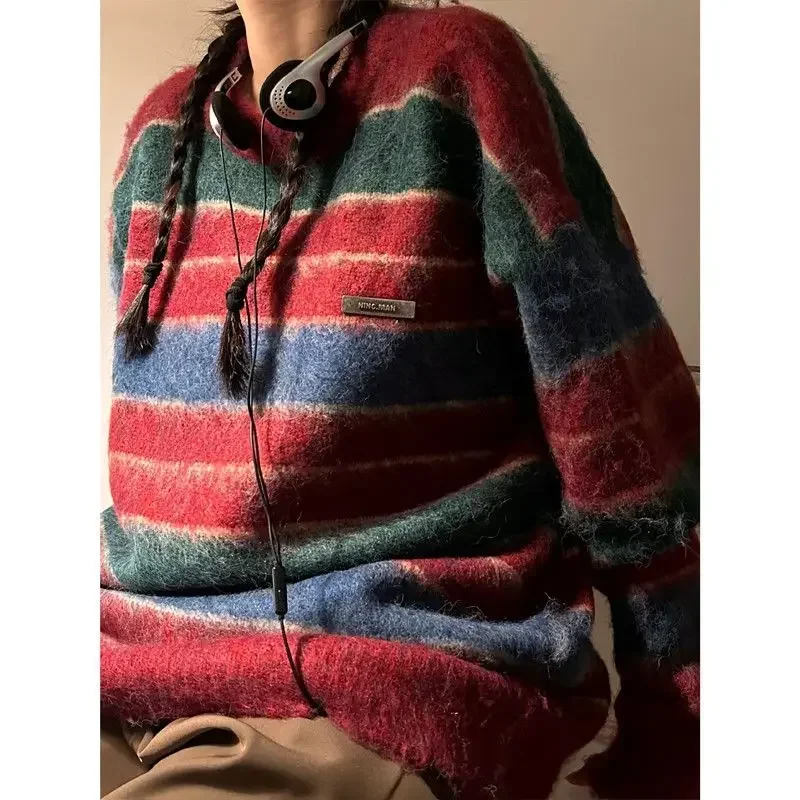 

Original lazy style soft and waxy contrast striped sweater for men and women autumn and winter pullover loose round neck sweater