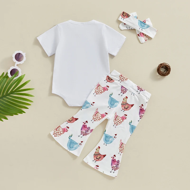 

Newborn Baby Girl Summer Clothes Chicken Print Short Sleeve Romper and Flare Pants with Headband 3Pcs Farm Outfits