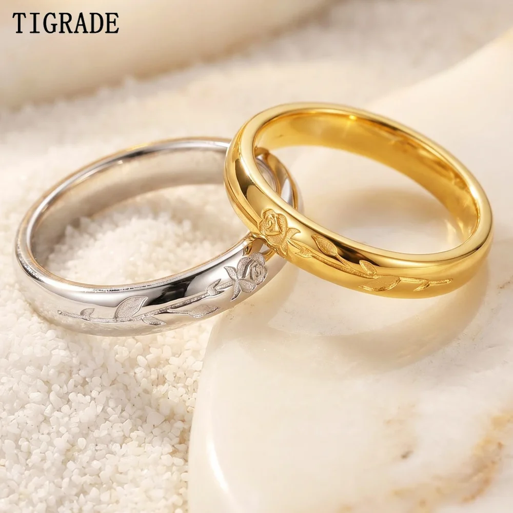 Tigrade Dainty Rose Engraved Wedding Band Ring For Women Stainless Steel Stackable Finger Rings Daily Party Jewelry Anti‑Allergy