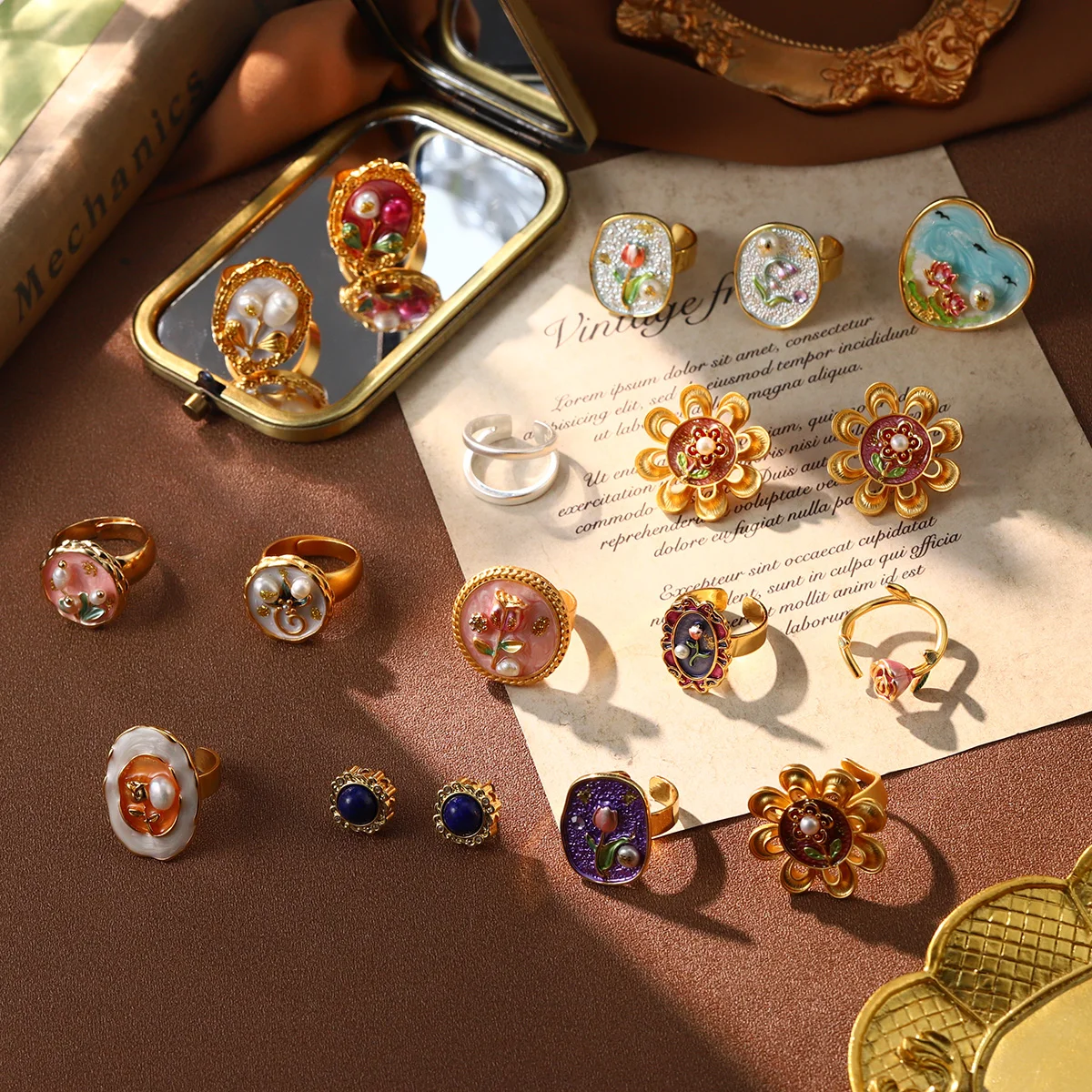 Pierścionki w stylu vintage, francuskie romantyczne, dla kobiet, barokowe, z perłami, emalią, luksusowa biżuteria, obraz olejny, róża, motyl, elegancki prezent.