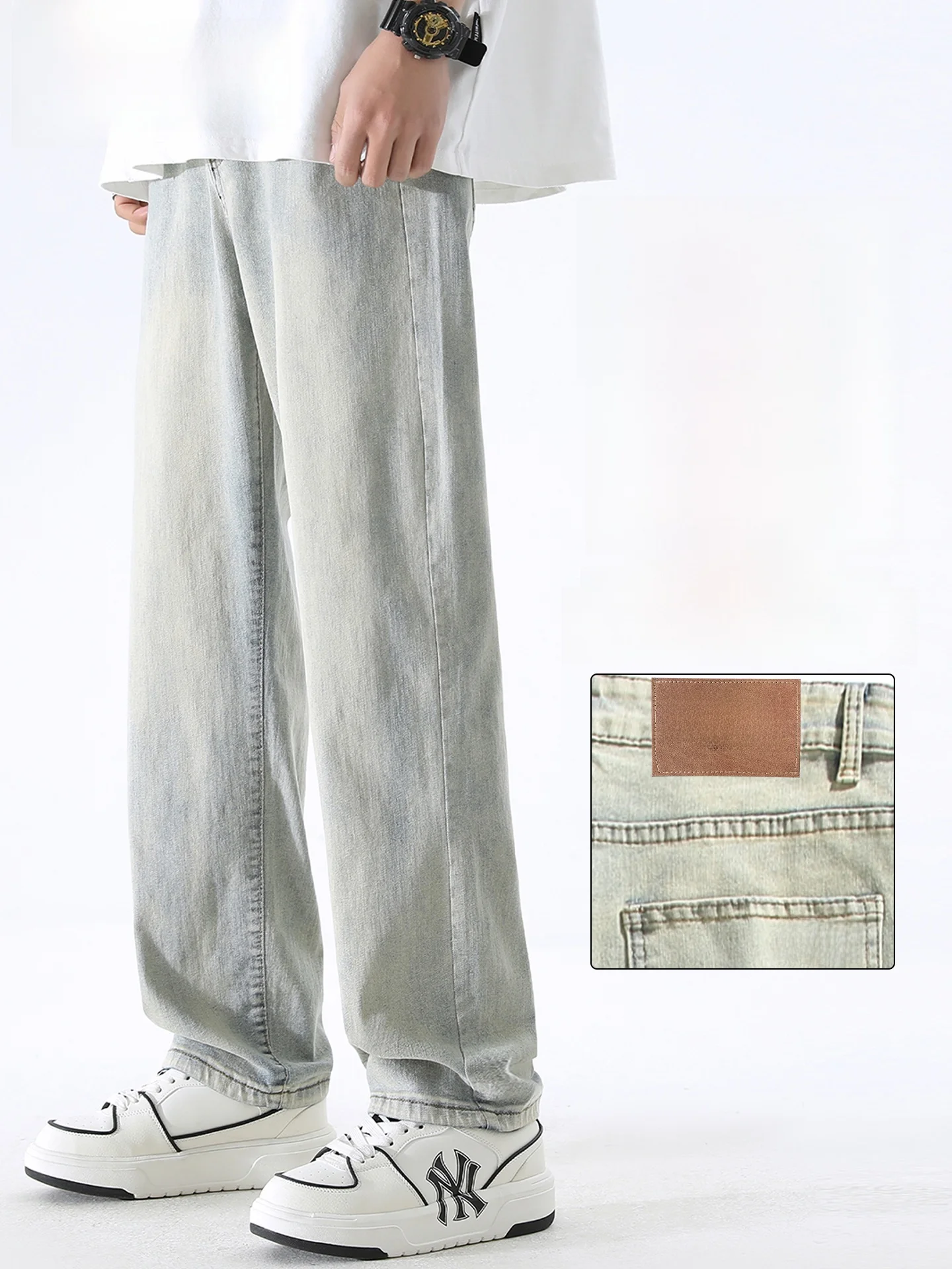 

Американские потертые джинсы, мужские свободные прямые брюки, износостойкие длинные брюки, повседневные хлопковые эластичные джинсовые брюки