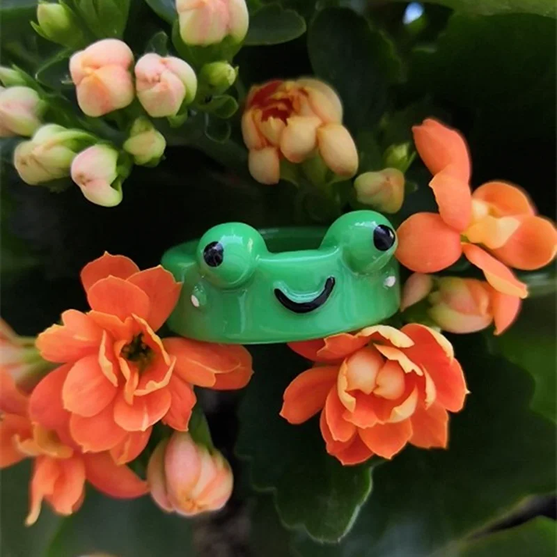 Colorful Frog Ring Polymer Clay Resin Rings for Girls Animal Jewelry for Women Cute Funny Smile Face Rings Fashion Jewelry Gifts