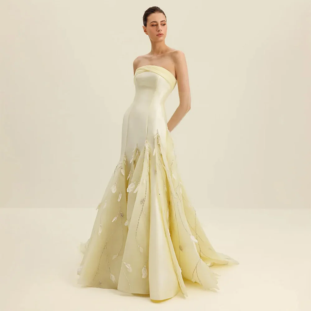 Elegant Yellow Organza Beading Evening Dress Customized Mermaid Sleeveless Modern Celebrity Gowns High Quality Satin Prom Dress