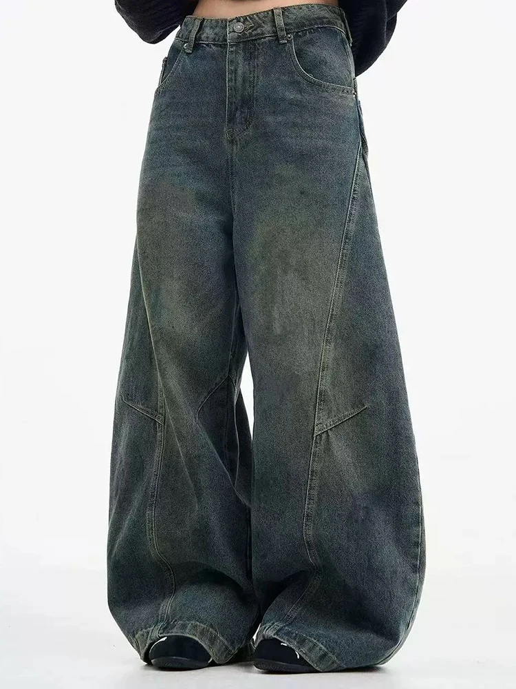 

Ретро стираные джинсы Y2K женские изогнутые ножи синие корейские рабочие брюки американский стиль осень