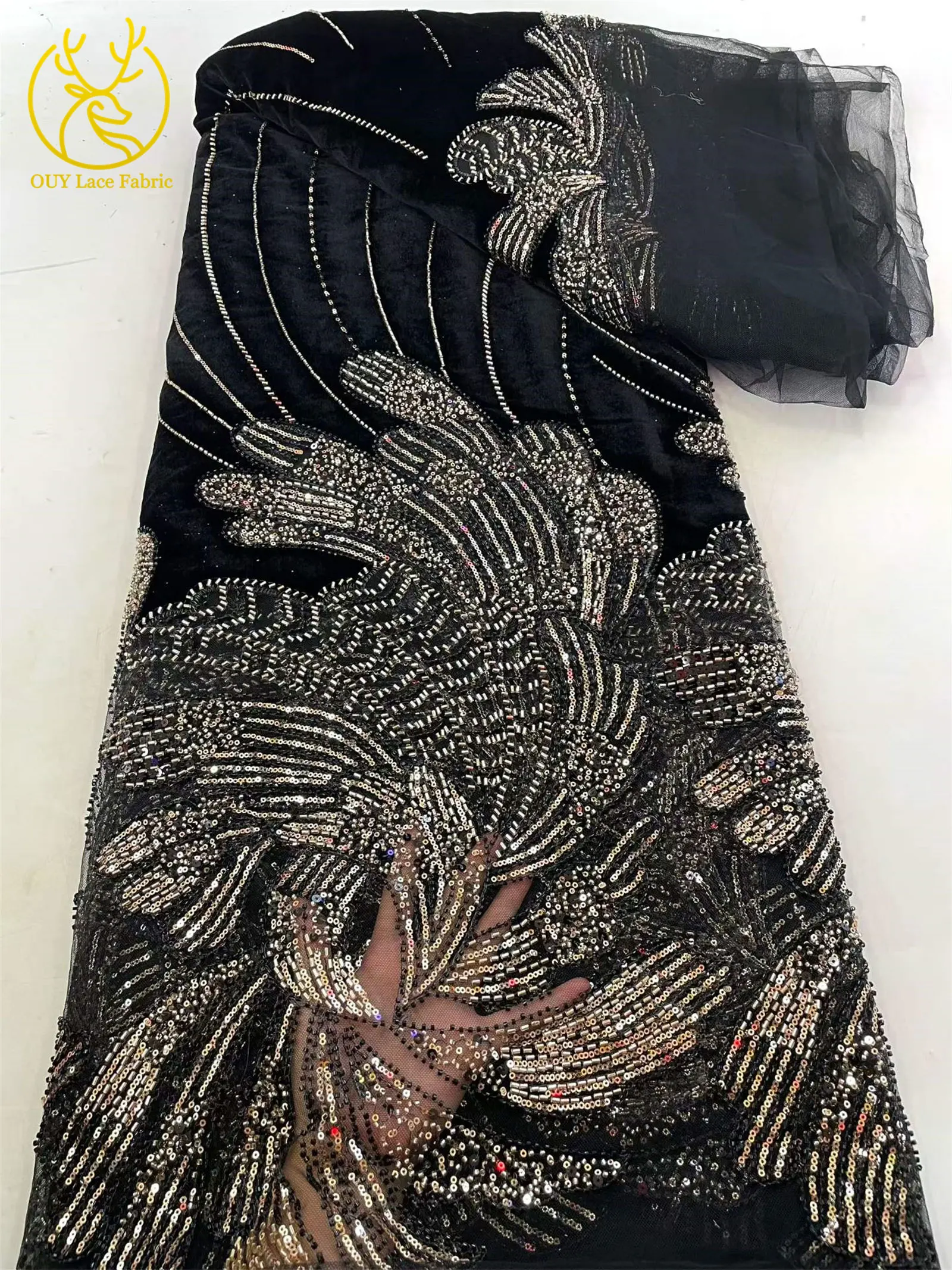 Neuer Stil Französischer Lila Samt-Stickerei-Pailletten-Spitzenstoff Hochwertige Nigerianische Afrikanische Perlen-Tüllspitze für Partykleider und Näharbeiten – Detail 13