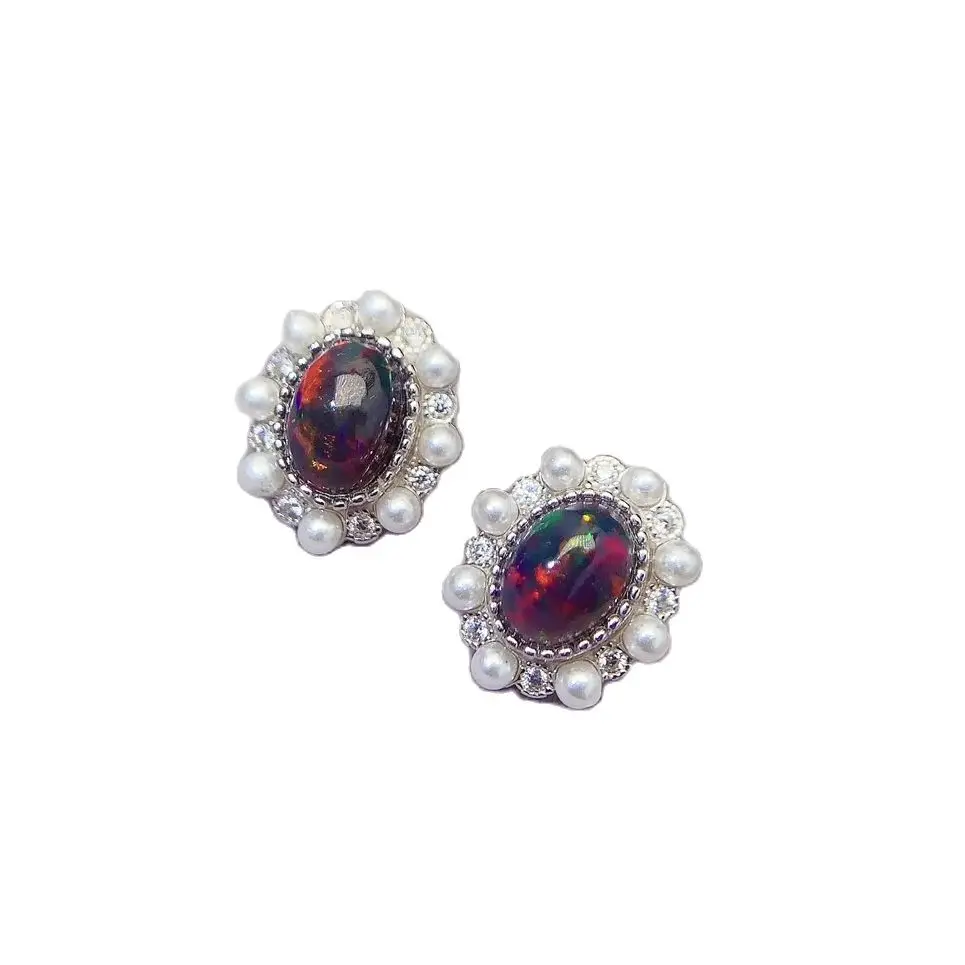 SHILOVEM 925 Sterling Silver  Natural black opal  Stud Earrings Classic Fine Jewelry  Women party Gift  Wholesale le050799ago