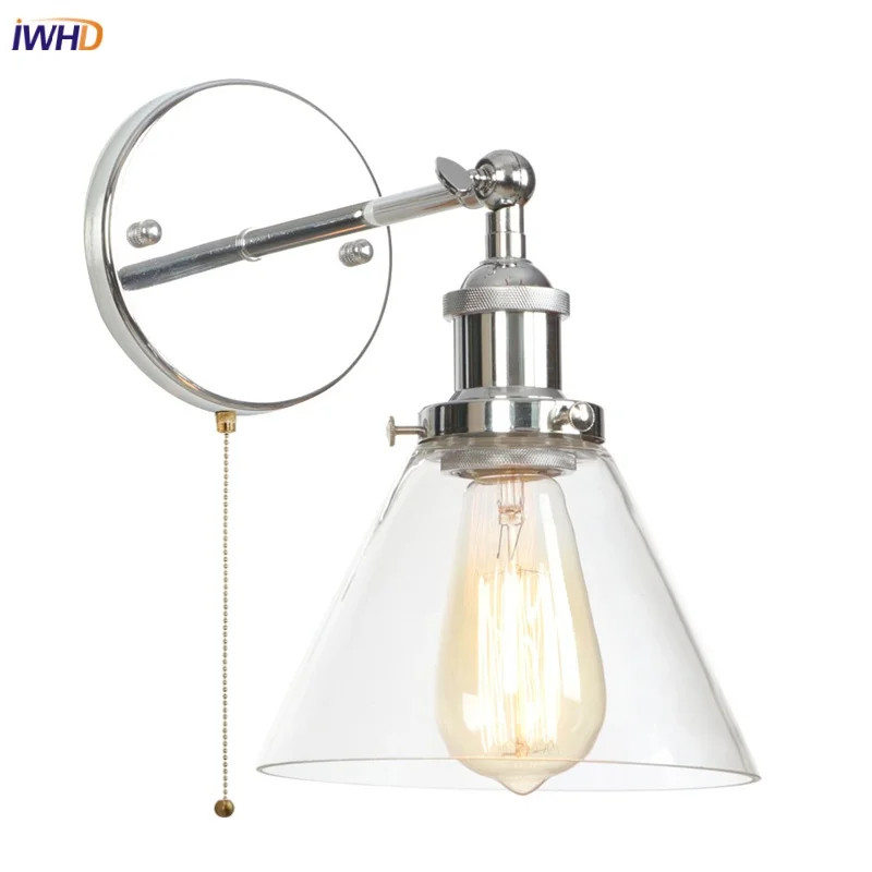 

IWHD Chrome Vintage Industrial LED Wall Light Sconce Bar Study Bedroom Aisle Pull Chain Switch Clear Glass Bathroom Lamp Lampara