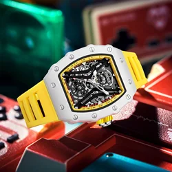 Fashion ONOLA Automatic Watch Mens Luminous Mechanical Wristwatch Tonneau Yellow Sports Silicone Strap Waterproof Clock Men Gift