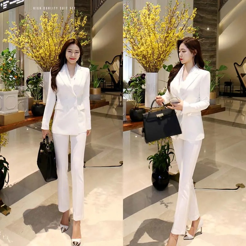 

Spring Autumn Faion Slim Fit Workwear Set Women Casual Elegance Double Button Suit Two Piece Set Busin Profional