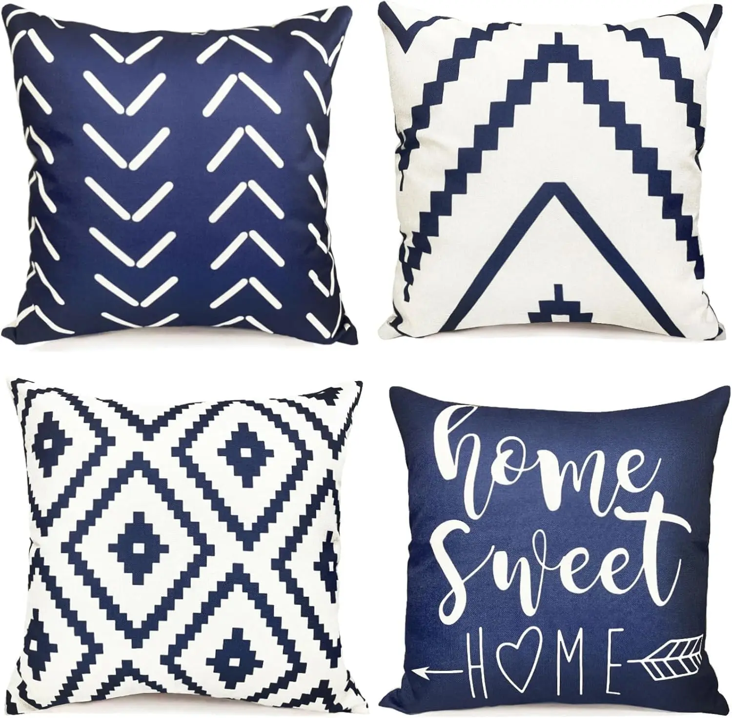 4pcs Navy Blue White Tribal Geometric Printed Pillow Cover Polyester Cushion Case 2D Flat Home Decor Now