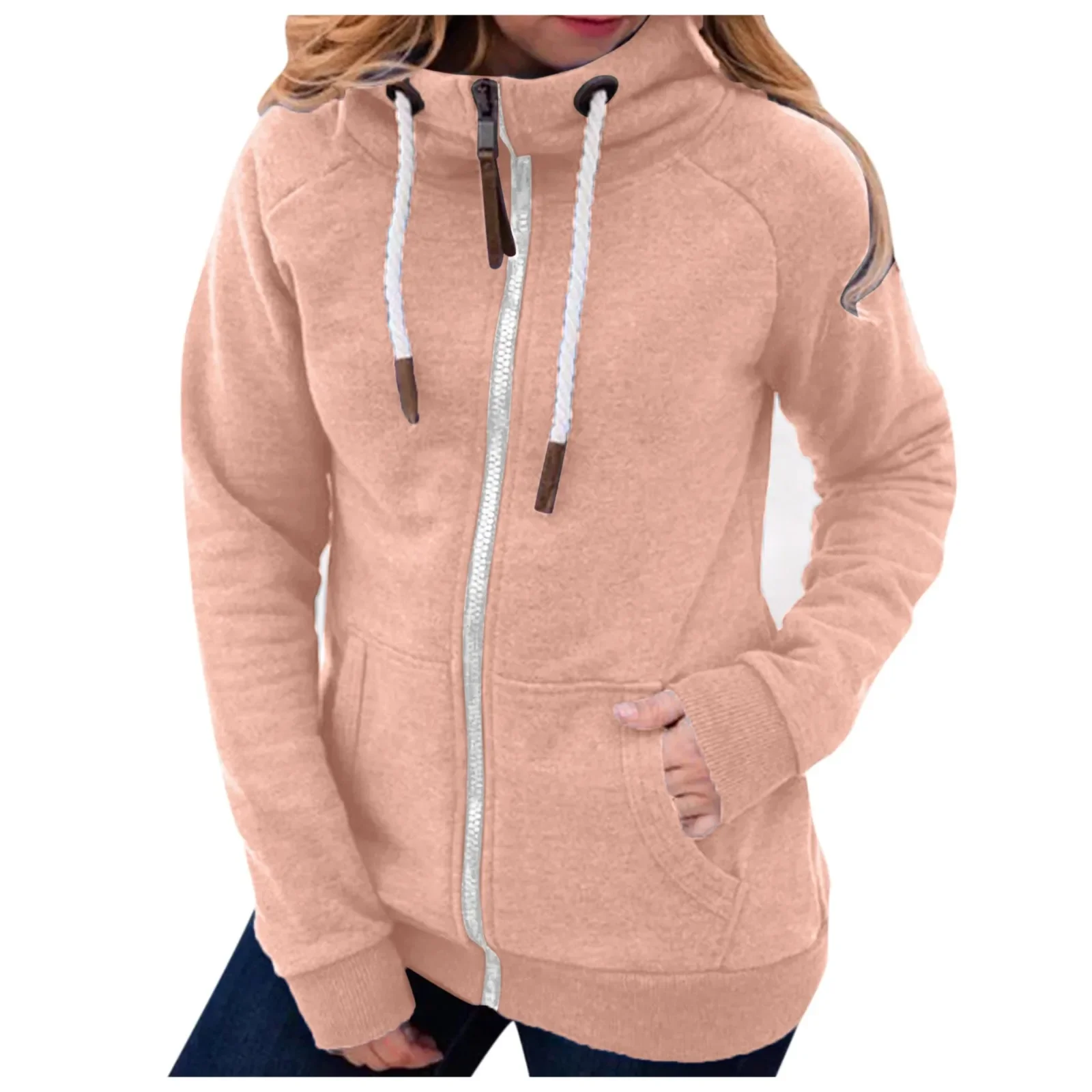 Long Sleeve Solid Color Coat Women Fashion Solid Jacket Zipper Pocket Sweatshirt Autumn Winter Daily Comfortable Jacket Pullover