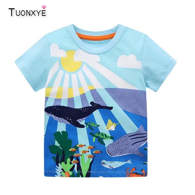 TUONXYE Summer Boys Short Sleeve T-shirts Tops Clothes Sun Fish Whale Pattern Children Clothing Kid Cotton Outfit 2-8Years