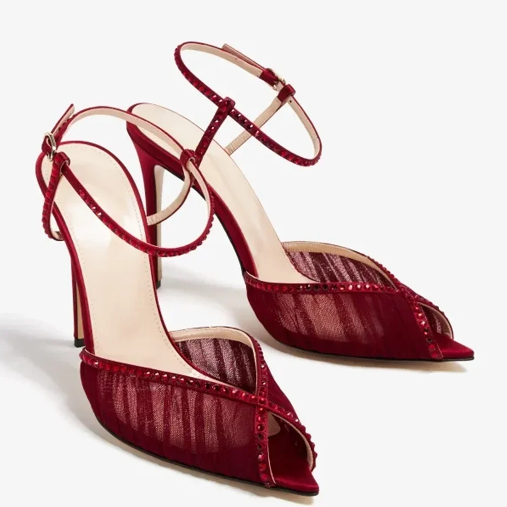 크리스탈 들여다 발가락 발목 버클 스트랩 샌들 섹시한 지적 발가락 특대 46 얕은 새로운 Arrials 패션 여성 현대 신발