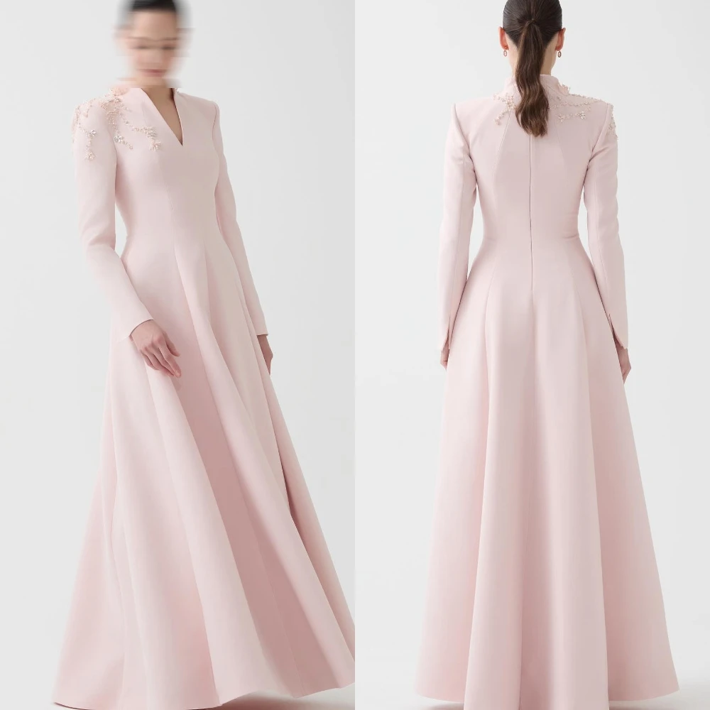 فستان سهرة رسمي مخصص من الجيرسيه برقبة على شكل حرف V كلاسيكي بأكمام طويلة فساتين العودة للوطن زهور رقيقة فساتين مناسبة مخصصة