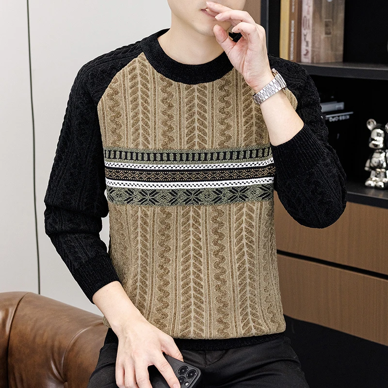 

Thiened Splicing вязаный свитер мужской осенне-зимний теплый ретро с кисточками круглый Ne Long Sve мягкий удобный шерстяной...