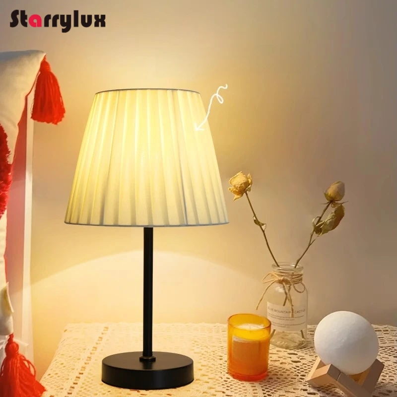 Nordic Retro Fabric Table Lamp, Bedside LED Pleated Night Light, Scandinavian Decor Nightstand Lamp