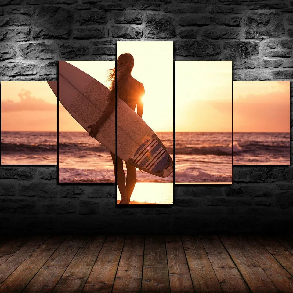 No Frame Canvas 5Pieces Surf Surfer Surfing Girl Beach Wall Art Poster Pictures Paintings Home Decorations Room Decor