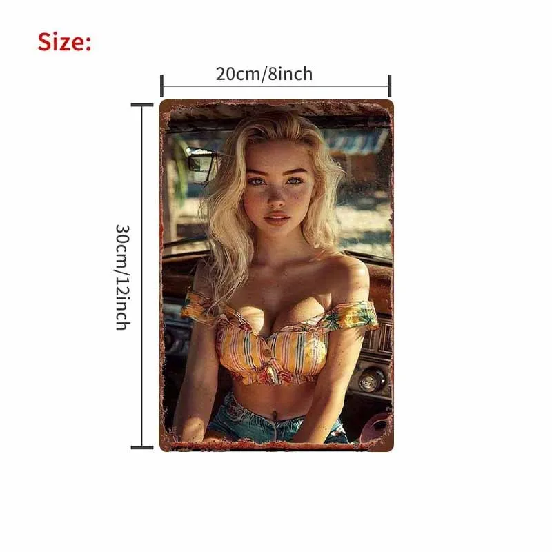 Rustproof Vintage Metal Sign, Summer Car & Blonde Woman Art, Pre-Drilled Holes, Indoor Outdoor Wall Decor for Man Cave Bar Garag