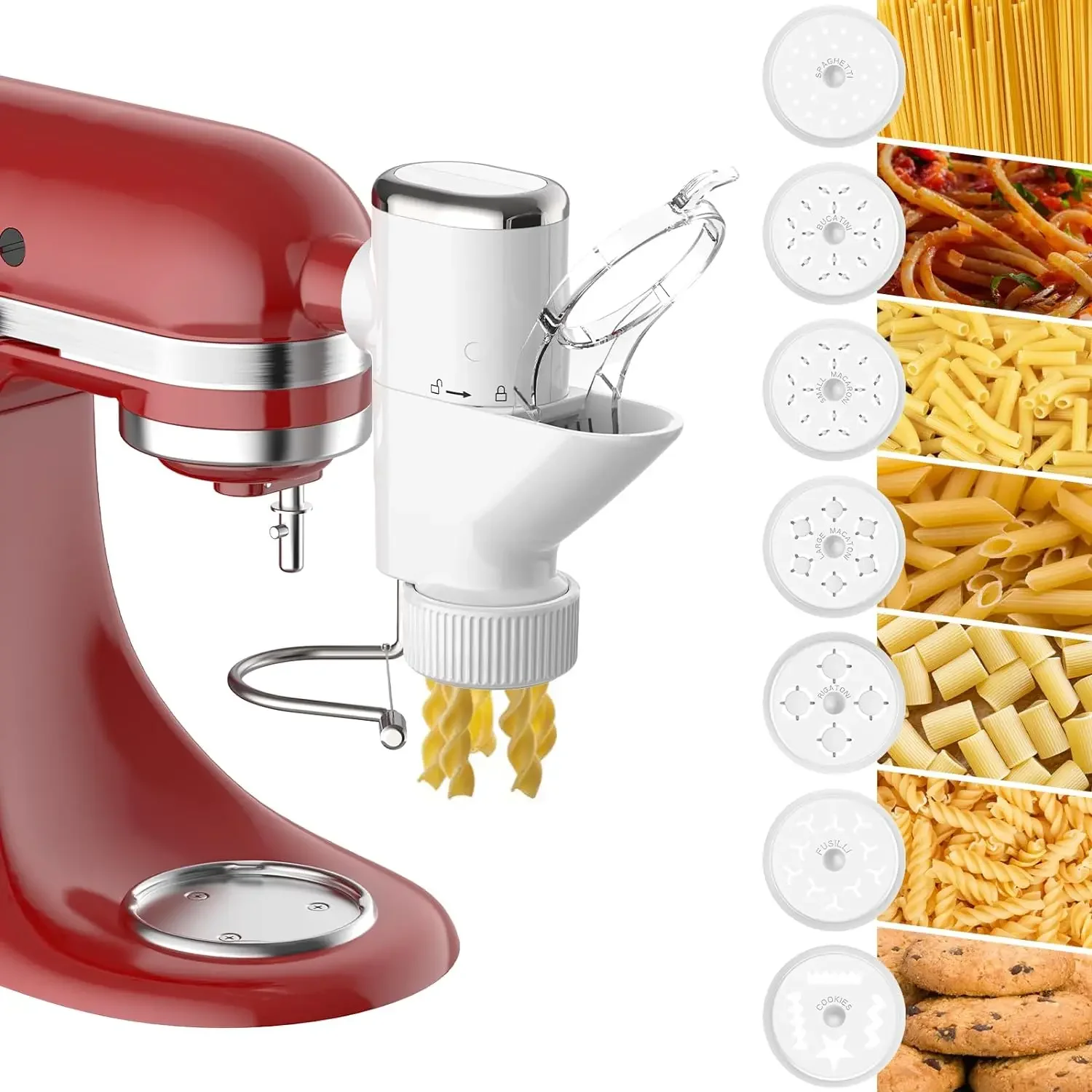 Acessório de prensa de macarrão gourmet 2024 para batedeiras KitchenAid, prensa de macarrão para KitchenAid com 7 moldes de macarrão intercambiáveis