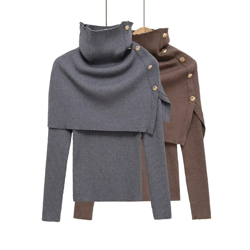 The New Autumn 2026 Collection Features A High-end Retro Niche Design Irregular High-neck Cape with Metal Buttons Slim Sweater