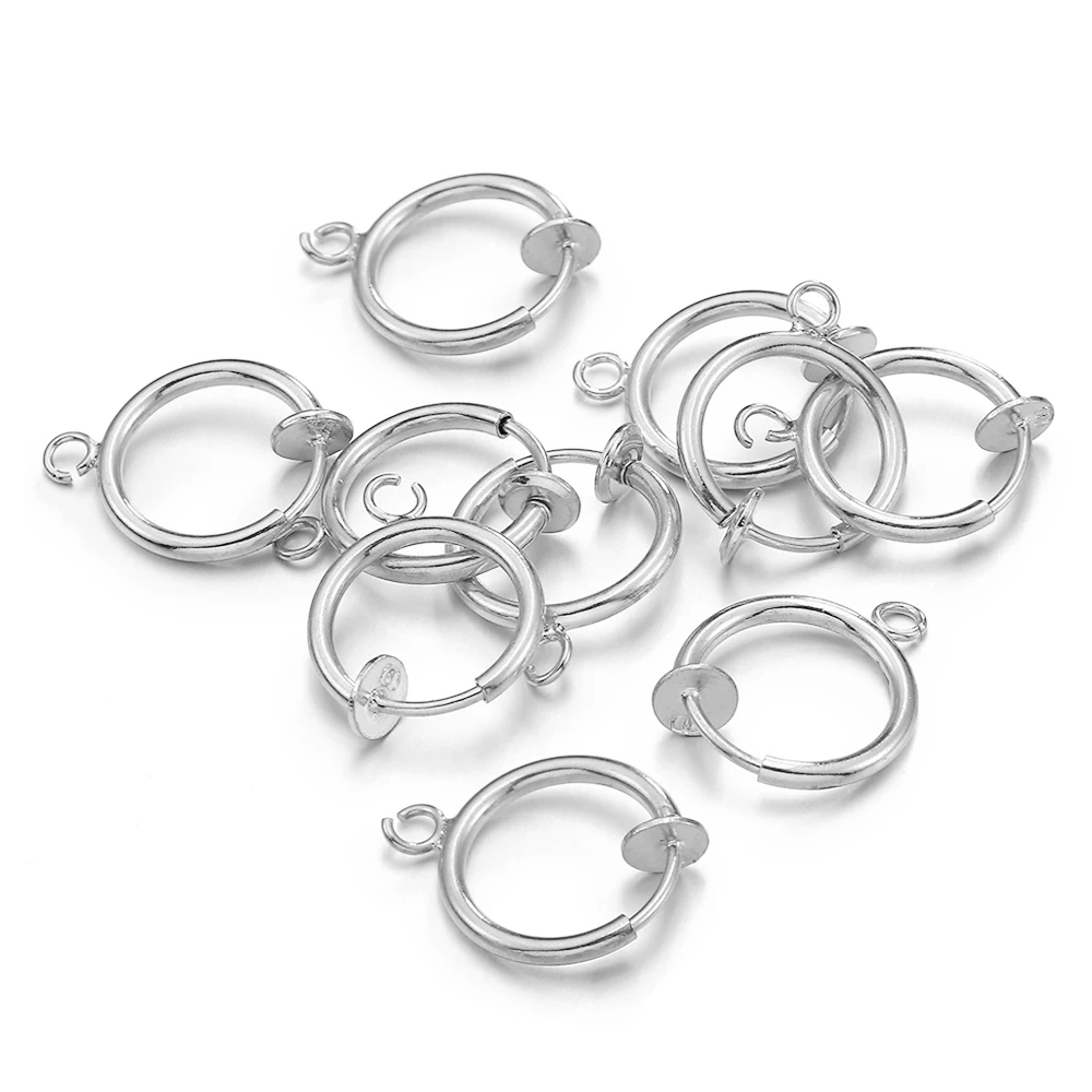 10pcs Retractable Clip on Ear Clip Hoop Non Piercing Silver Color Copper Round Earring Clips for Earrings Jewelry Making DIY