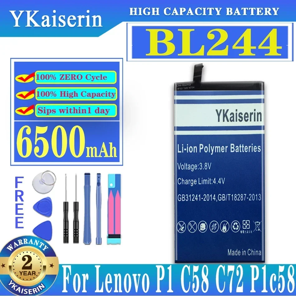 6500mAh YKaiserin Battery BL244 For Lenovo Vibe P1A42 P1C58 P1C72 P1 Bateria Li-ion Mobile Phone