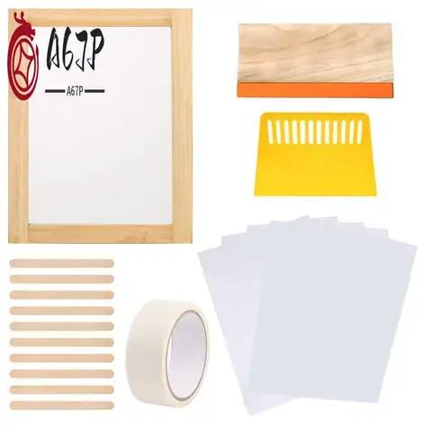 A67P-Screen Printing Starter Kit, 10 X 14 Inch Wood Silk Screen Printing Frame With 110 White Mesh, Screen Printing Squeegees