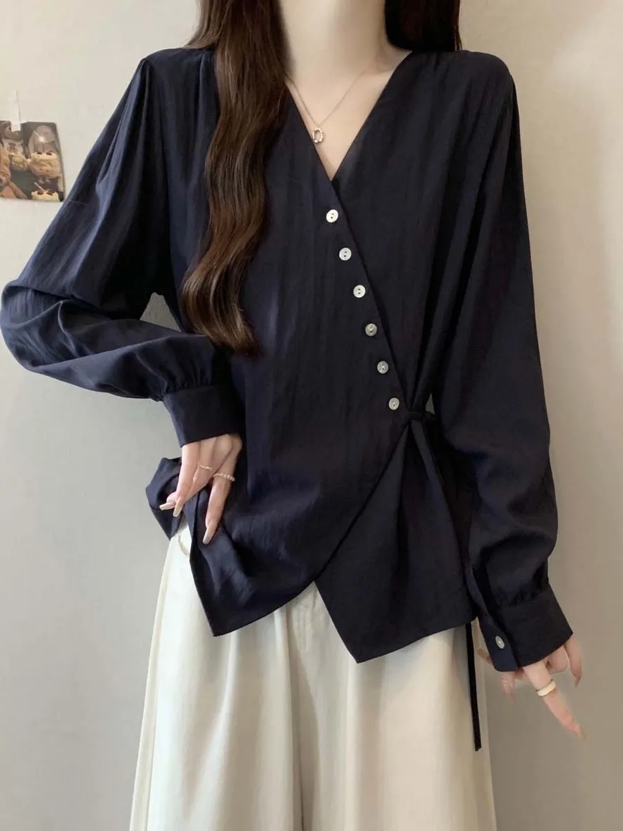 

Женская блузка с V-образным вырезом и длинным рукавом, больших размеров, с эффектом утяжки талии, модный топ во французском стиле из полиэстера