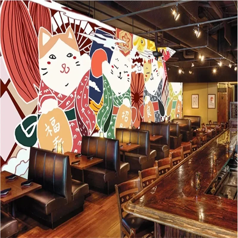 Japanese Cuisine Ramen Sushi Restaurant Background Mural Wallpaper 3D Cartoon Cute Lucky Cats Industrial Decor Wall Paper 3D