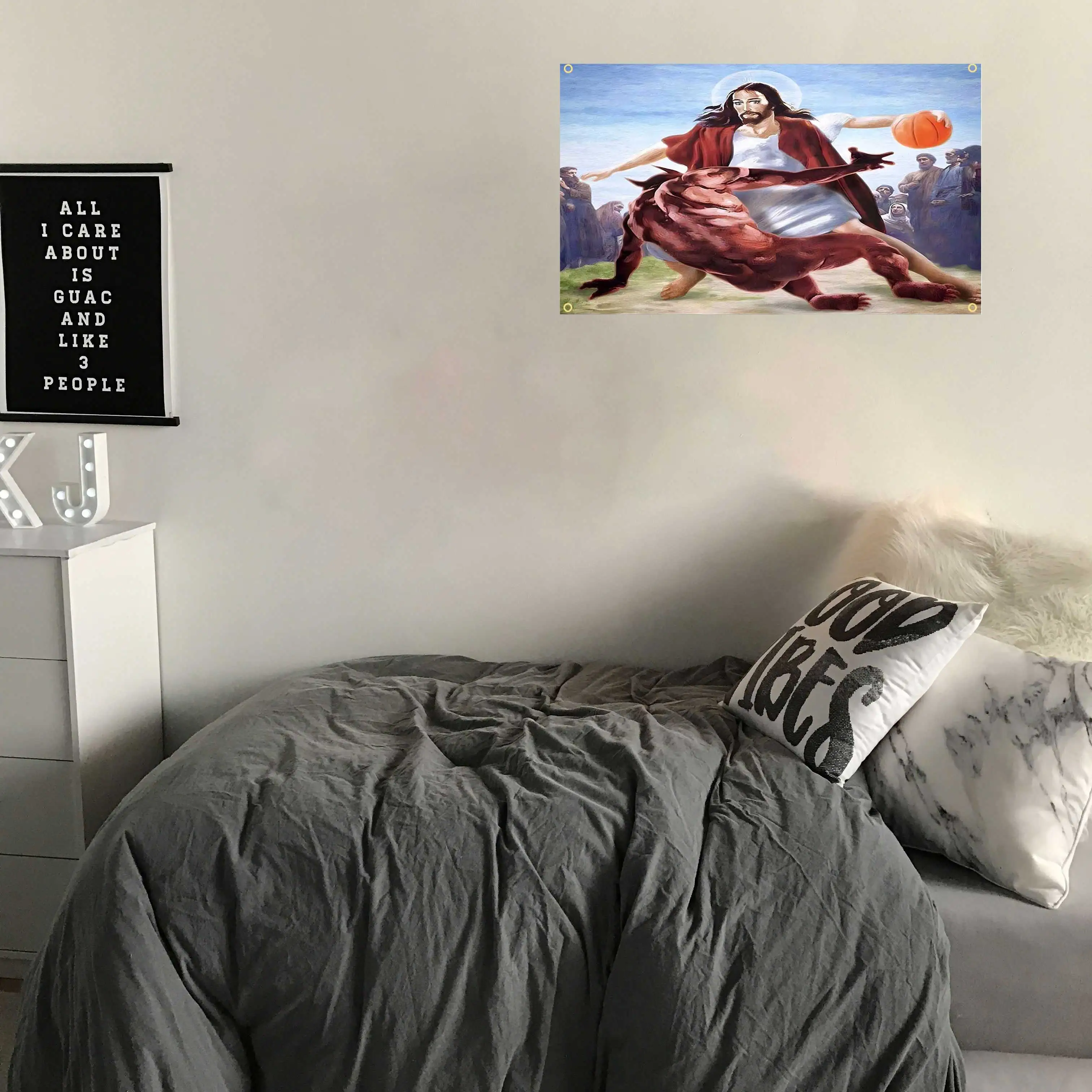 Jesus Vs Satan Flag God Basketball Banner Wall Hanging Pattern Tapestry Banner With Four Brass Grommet For Indoor Decoration