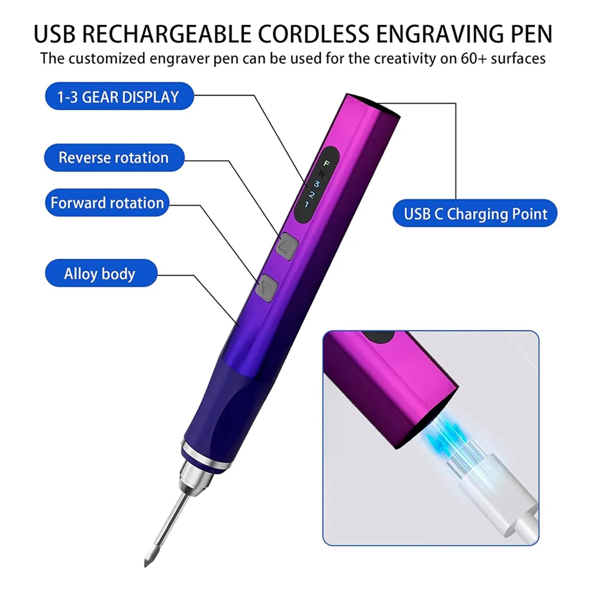 A03R Engraving Pen, 3-Speed & Rotary Cordless Engraver with 37 Bits, 2 Stencils, USB Rechargeable, for Carving on Jewelry