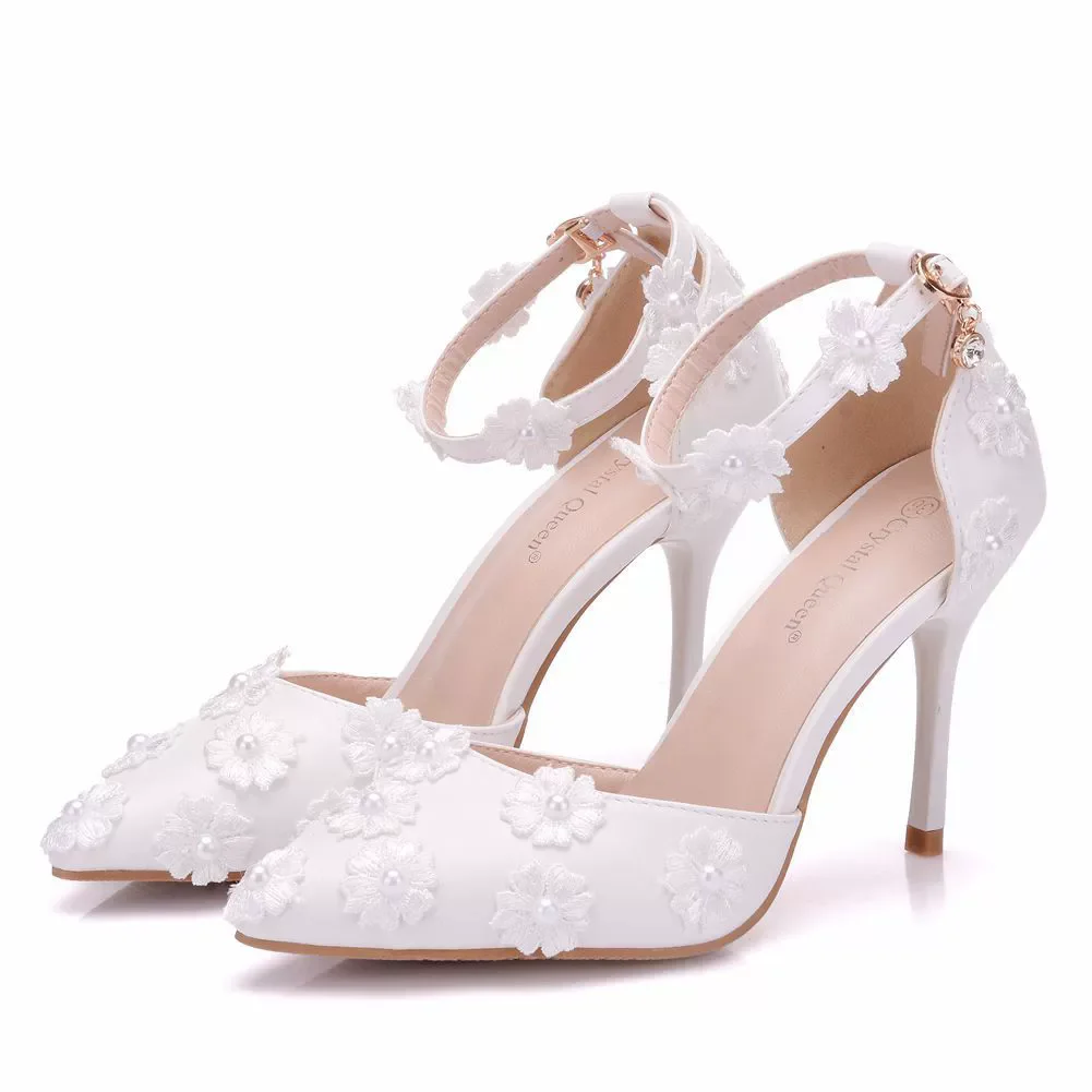 

Spring and summer new pointed toe hollow pearl lace flower wedding shoes banquet large size thin high-heeled women's sandals