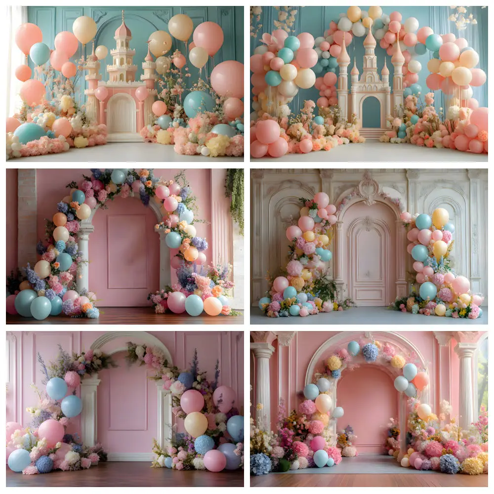 Castle Balloon Photography Backdrop Balloons Flowers Palace Wall Door Birthday Party Kids Portrait Background Photo Studio Props