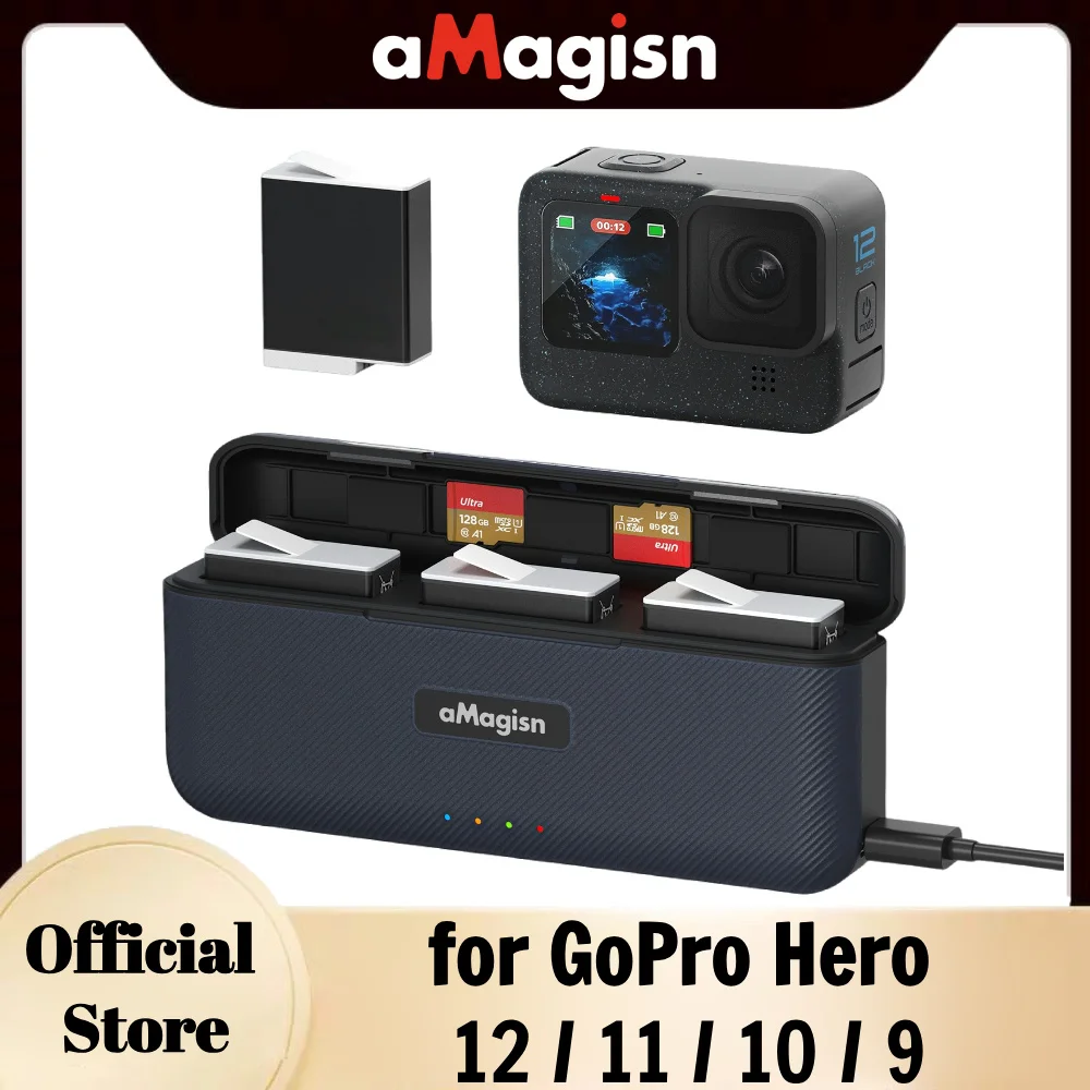 aMagisn Battery Charger Fast Charging for GoPro HERO12/HERO11/HERO10/HERO9,Triple Charge Case Compatible with Gopro 12/11/10/9