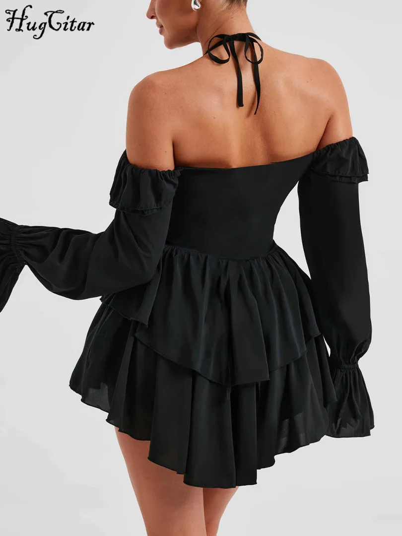 Hugcitar printemps élégant volants solide manches longues évasées Sexy plissé Mini robe femmes décontracté Y2K vêtements fête d'anniversaire vacances