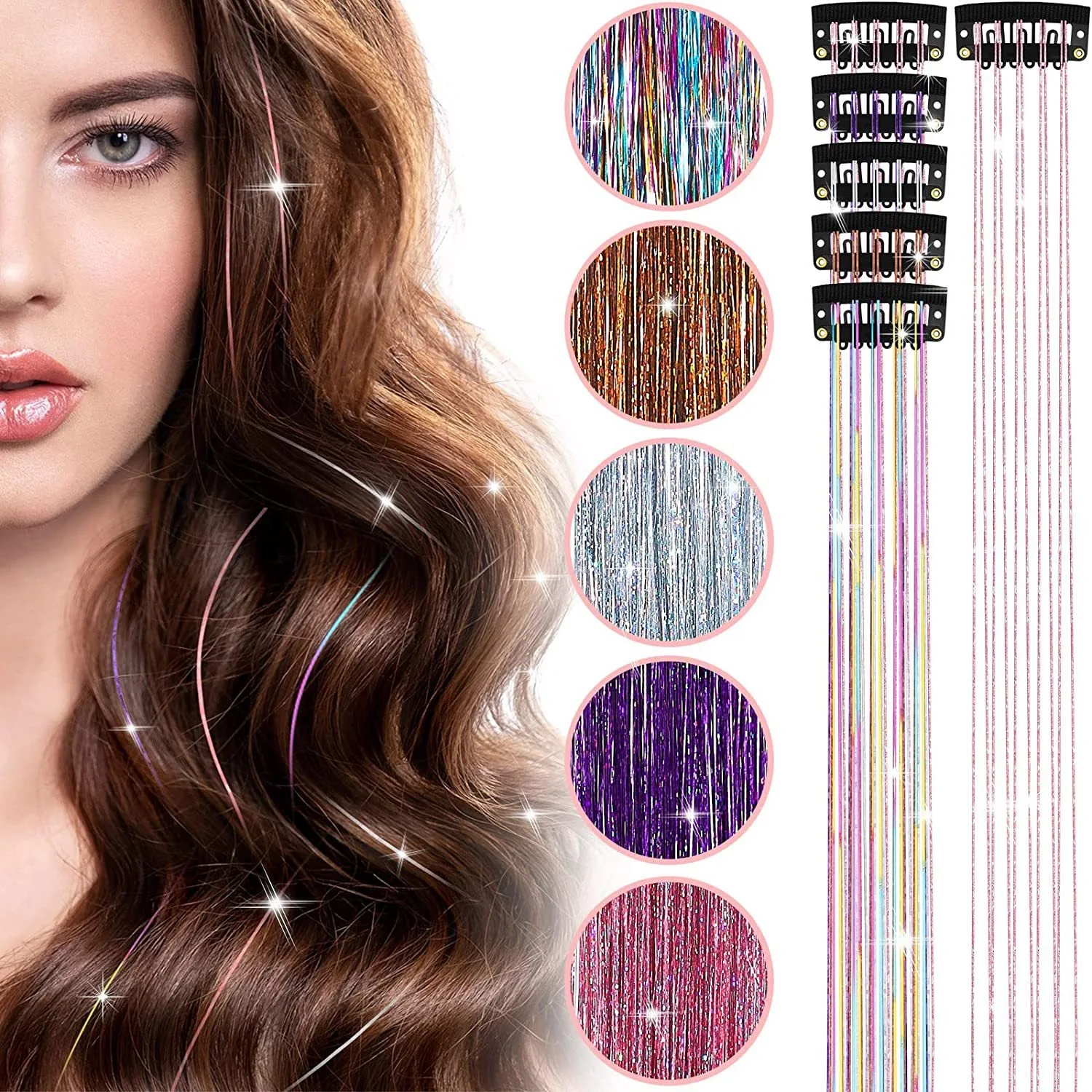 6Pcs/set Laser Gold Wire Tinsel Hair Colorful Seamless Hair Extension Wire Sparkling Banquet Hairstyle Decoration