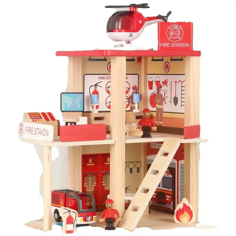 Role Play Game Wooden Simulation Fire Station Doll House Kids Toy