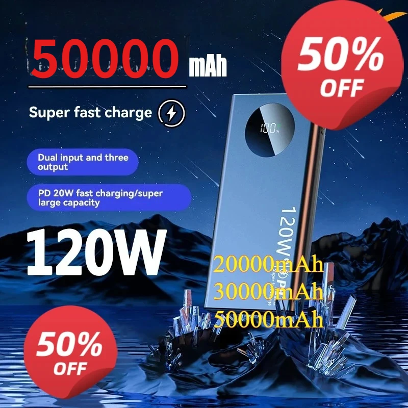 50000mAh Power Bank Portable Charger Spare Battery 120W Super Fast Charging Powerbank  for Samsung Huawei Xiaomi