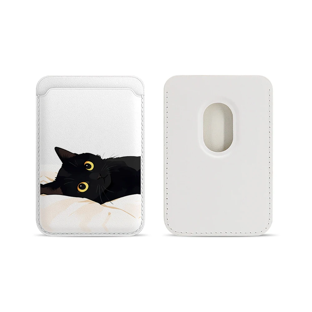 Schwarze Katzen-Leder-Kartenhülle für das Handy, geeignet für alle iPhone-Hüllen, Magsafe magnetische Kartenhalterung, einfache Handy-Rückentasche – Detail 5