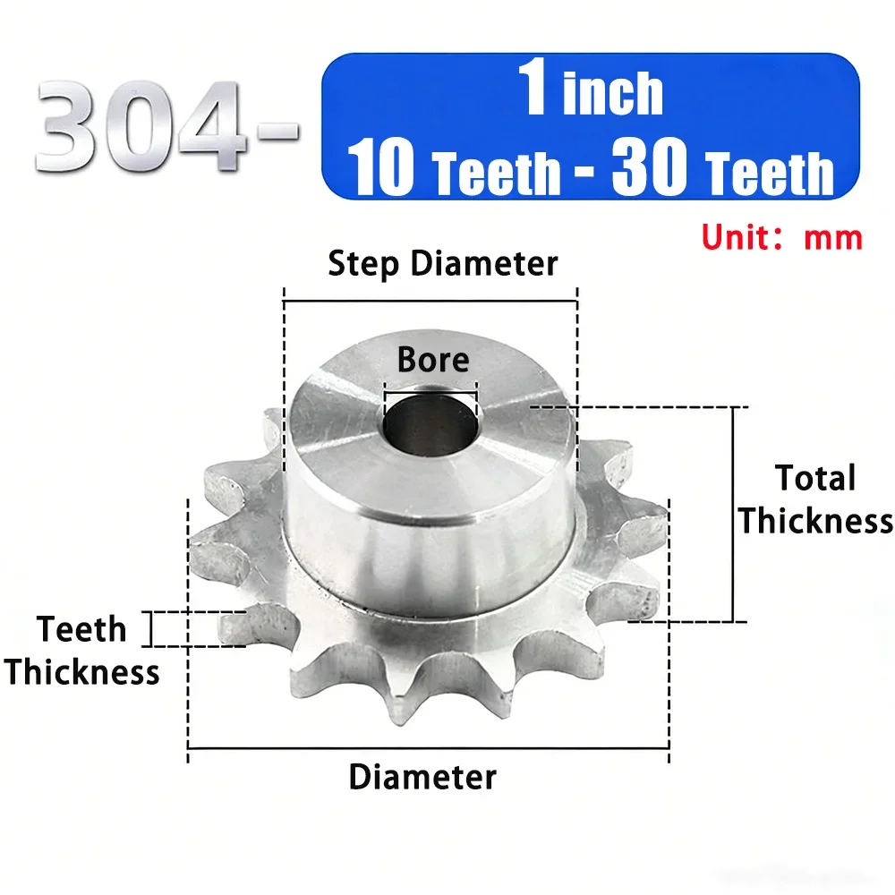 304 Stainless Steel 16A 1 Inch Pitch Sprocket 10 11 12 13 14 15 16 17 18 19 20-30 Teeth Industrial Transmission Chain Sprocket