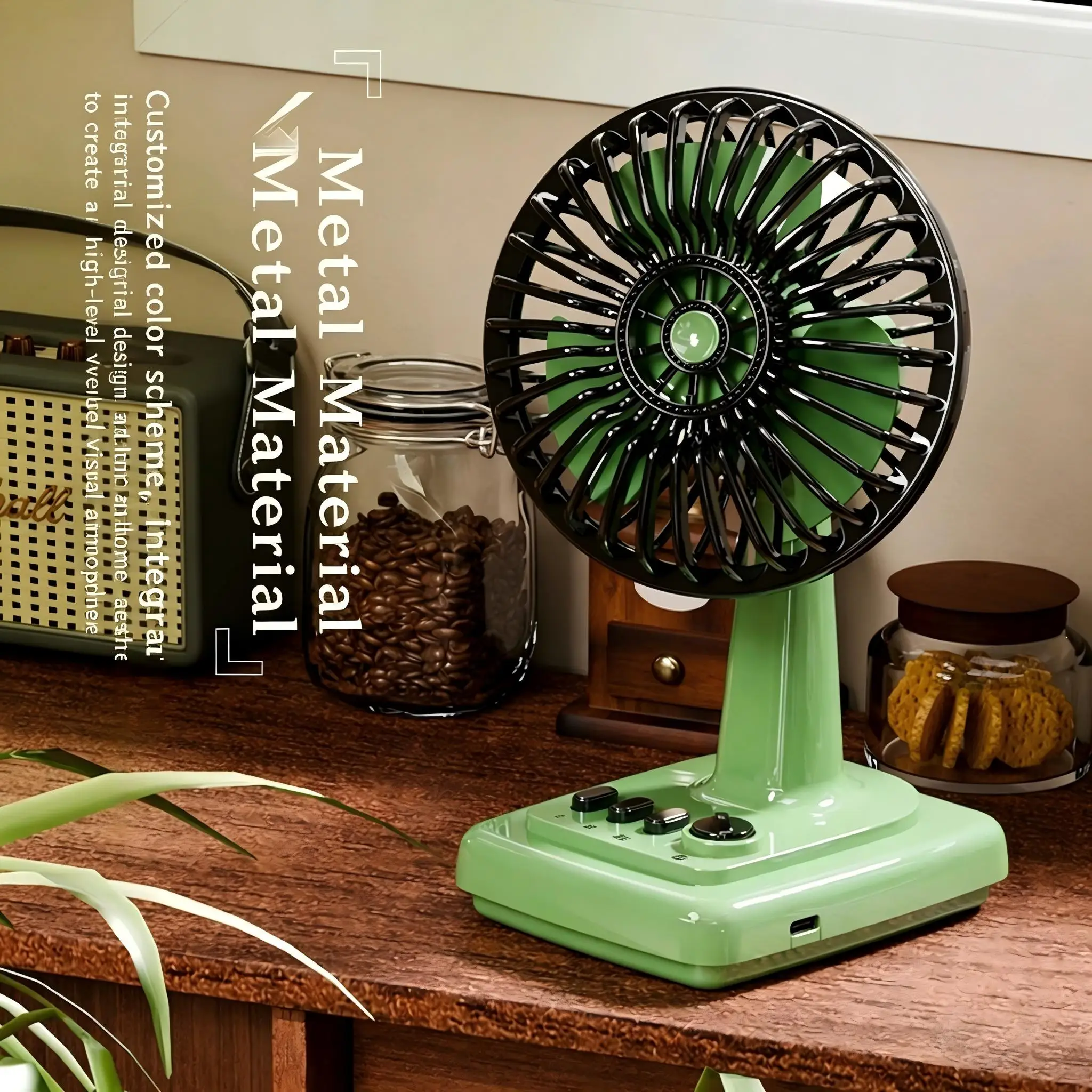 Ventilador de mesa recarregável retrô com 3 velocidades ajustáveis ​​45 ° de inclinação da cabeça Ventilador de mesa sem escova de metal para quartos de casa, dormitórios ou escritório