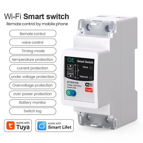 Disyuntor WiFi Tuya 2P 63A instalación de riel de estadísticas de cantidad eléctrica, control remoto de hogar inteligente por aplicación smart life