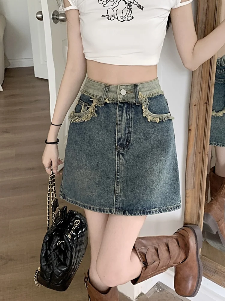 Rétro américain épicé fille a-ligne jupe en jean femmes grande taille taille haute minceur f jupe coréenne Sle trajet pur...