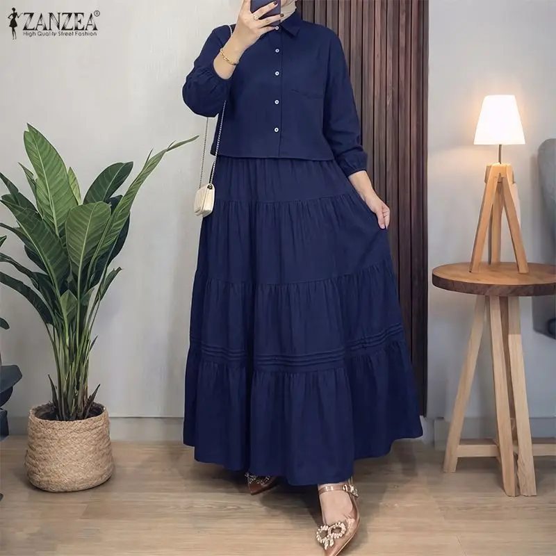 ZANZEA Muslimische Mode für Damen, zweiteilige Sets in Jeansoptik, islamische Hijabis, 3/4-Ärmel-Crop-Shirts und A-Linien-Maxiröcke, passende Sets