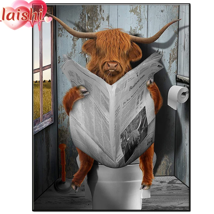 5D Dutch highland cow reading a newspaper in the toilet diamond painted full round diamond mosaic home decoration DIY handmade