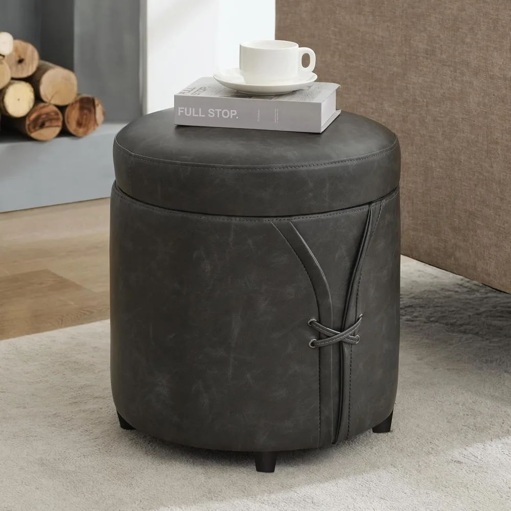 

16.5 inch PU Leather Small Round Storage Ottoman, Modern Upholstered Ottoman with Soft Padded Seat, Chic Round Vanity Foot Stool