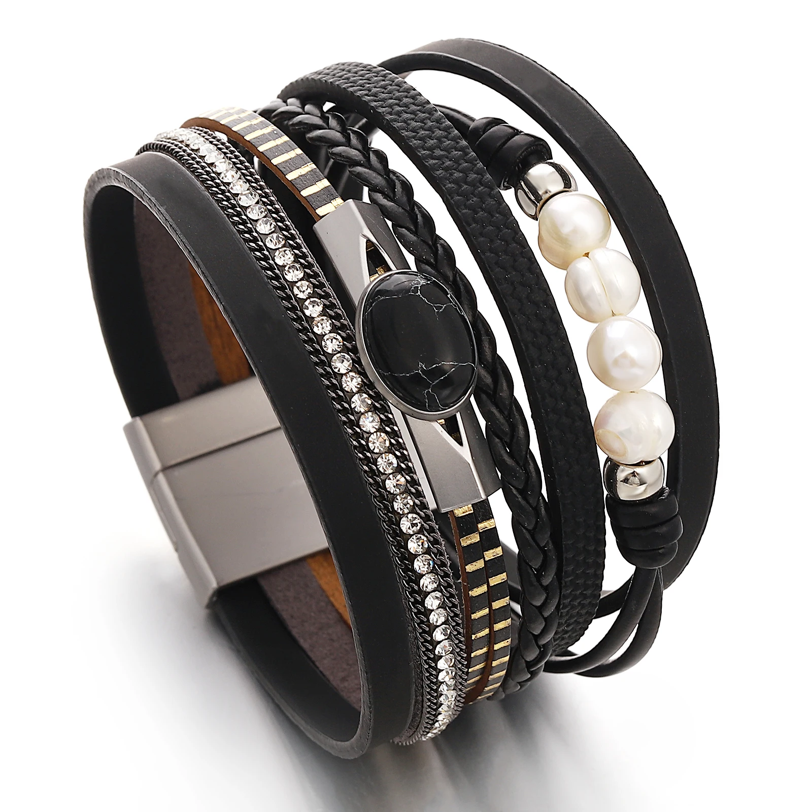 

Amorcome Imitation Pearl Leather Bangles Women's Multi Layer Turquoise Weaving Leather Brcelets Magnet Clasp Wraps Bracelets