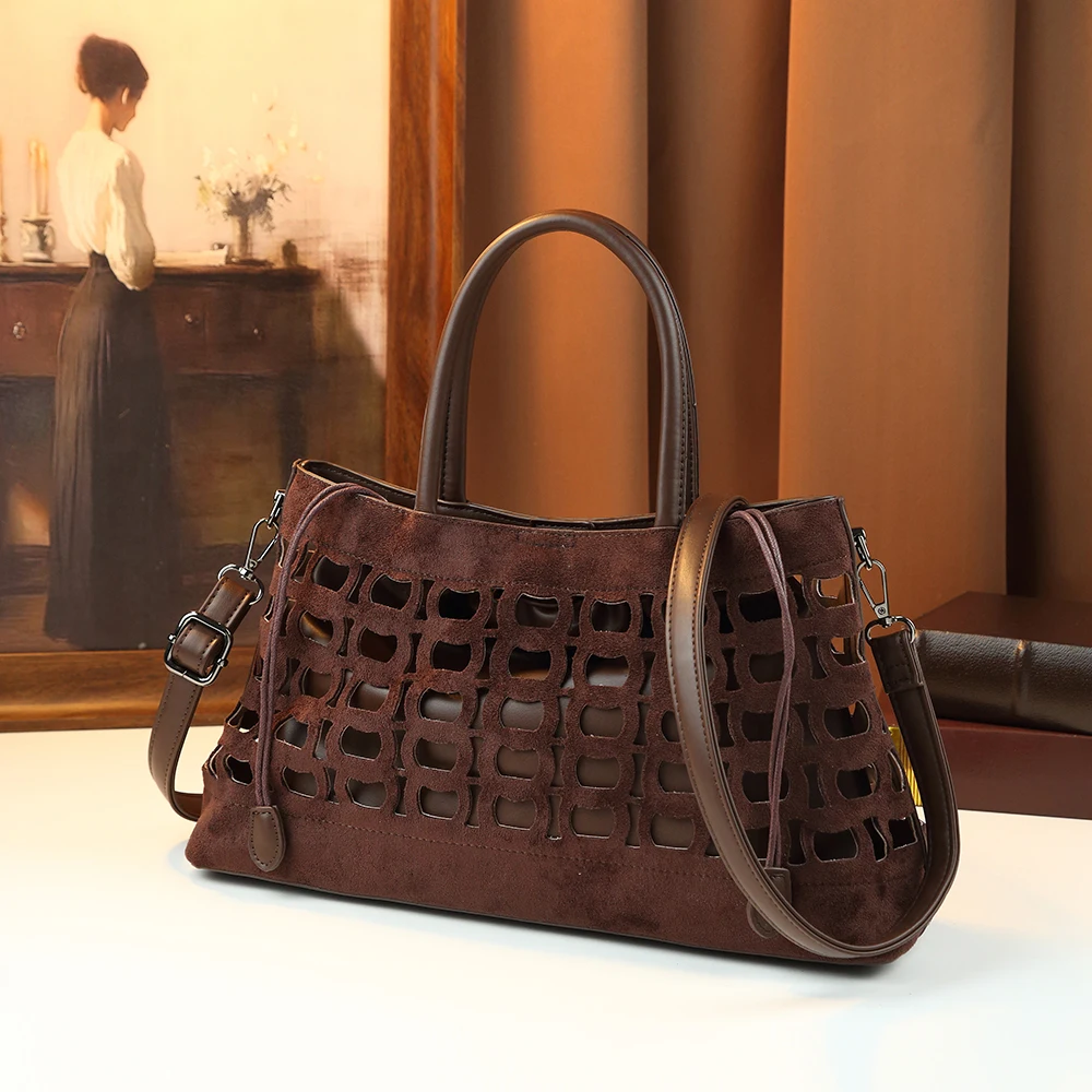 Retro Hollow Out Tote Bag Women Faux Suede Cutout Handbag Vintage Drawstring Shoulder Purse Premium PU Crossbody Satchel
